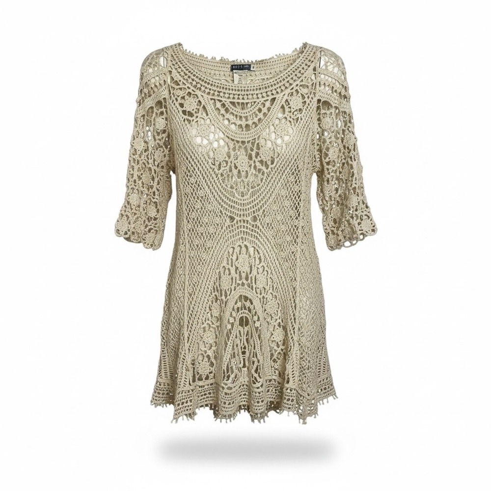 EARTHOUND beige crochet tunic top 3/4 sleeve boat neck open knit S Boho